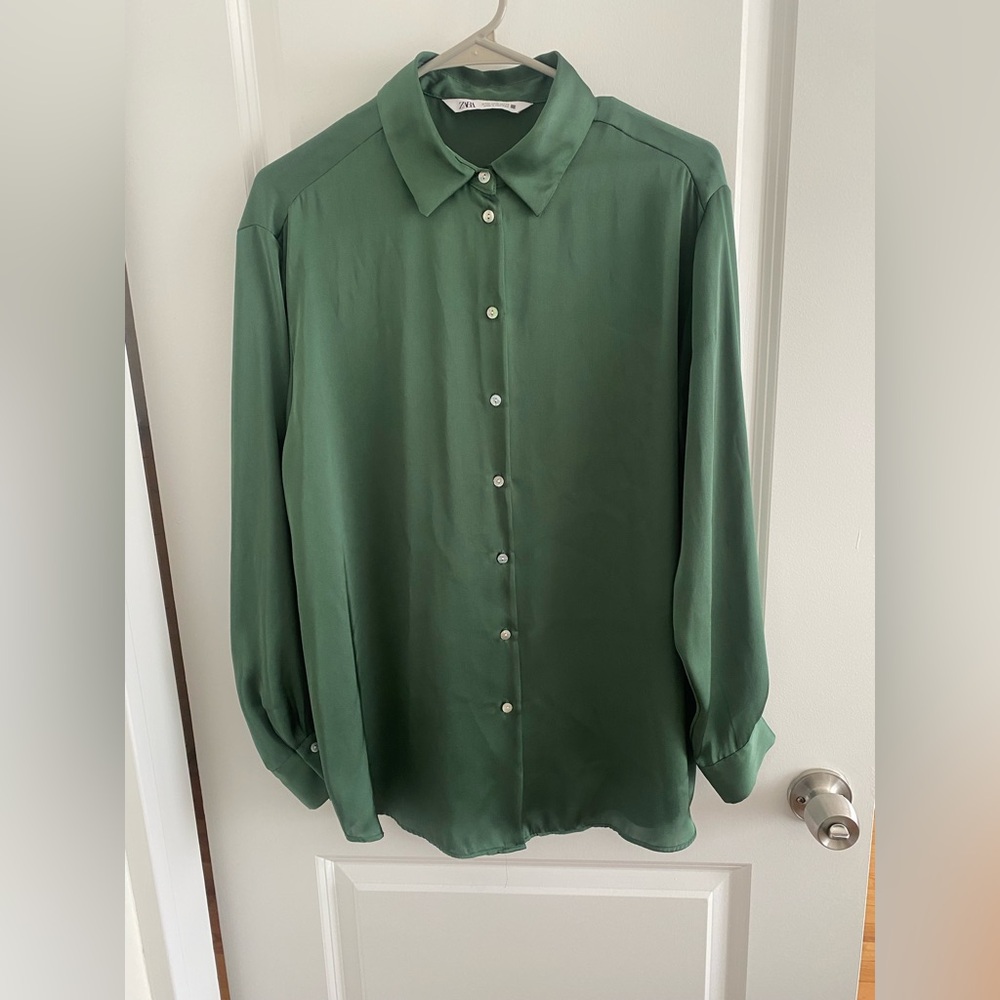 Zara Satin blend forest Green Button-Up Blouse